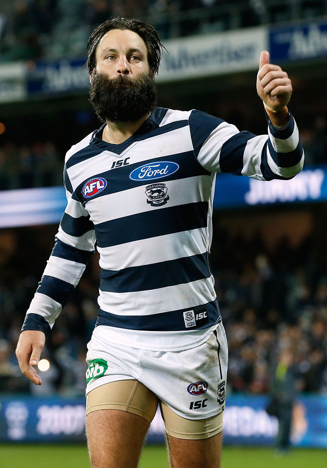 AFL 2016 Rd 19 - Geelong v Western Bulldogs GEELONG, AUSTRALIA - JULY 29: Jimmy Bartel of the Cats thanks fans after his 300th match during the 2016 AFL Round 19 match between the Geelong Cats and the Western Bulldogs at Simonds Stadium on July 29, 2016 in Geelong, Australia. (Photo by Adam Trafford/AFL Media)
